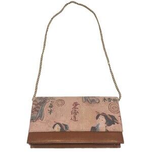VTG Monzo & Franco brown faux leather/suede shoulder bag Asian graphic oriental